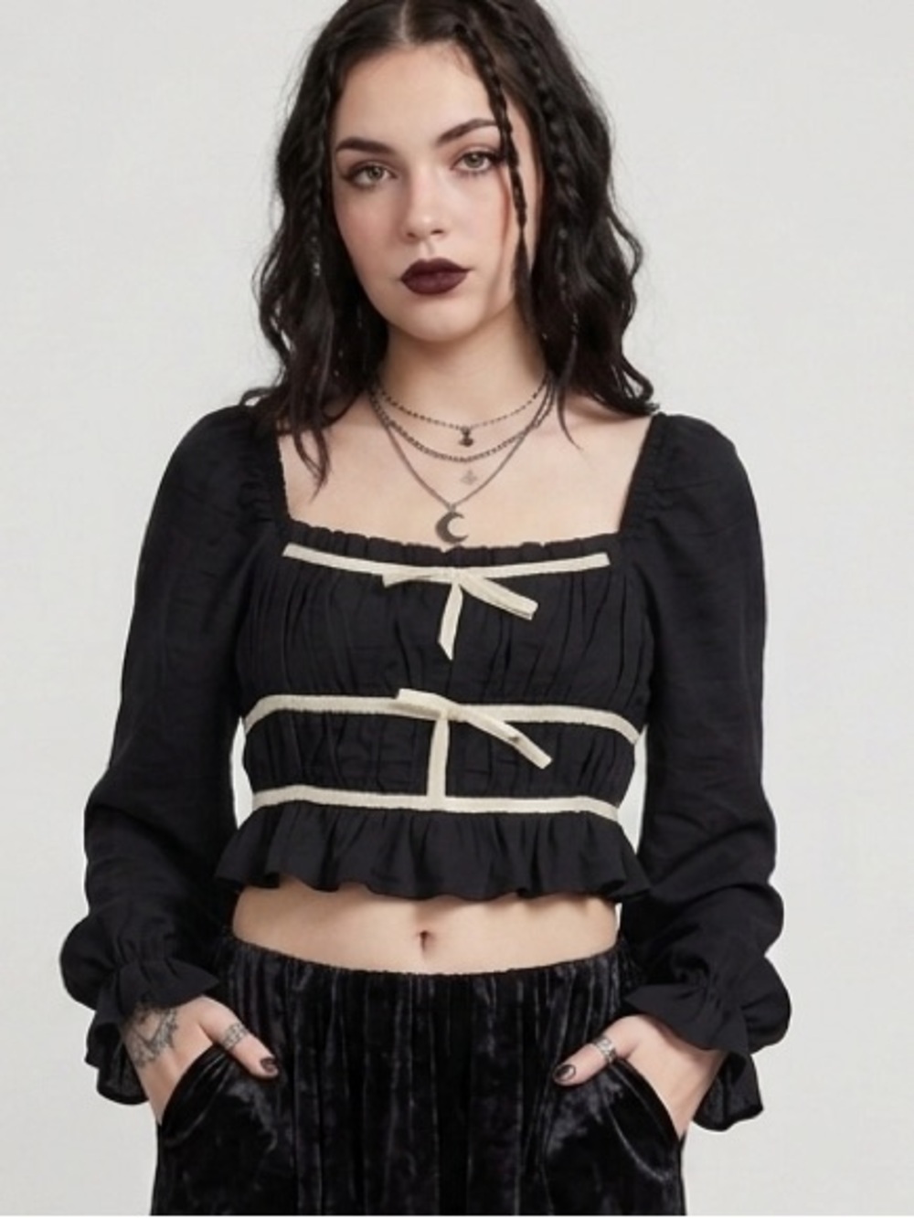 Thirty Thirty LA Black Whimsygoth Velvet Bow Ruched Long Sleeve Crop Top XS
